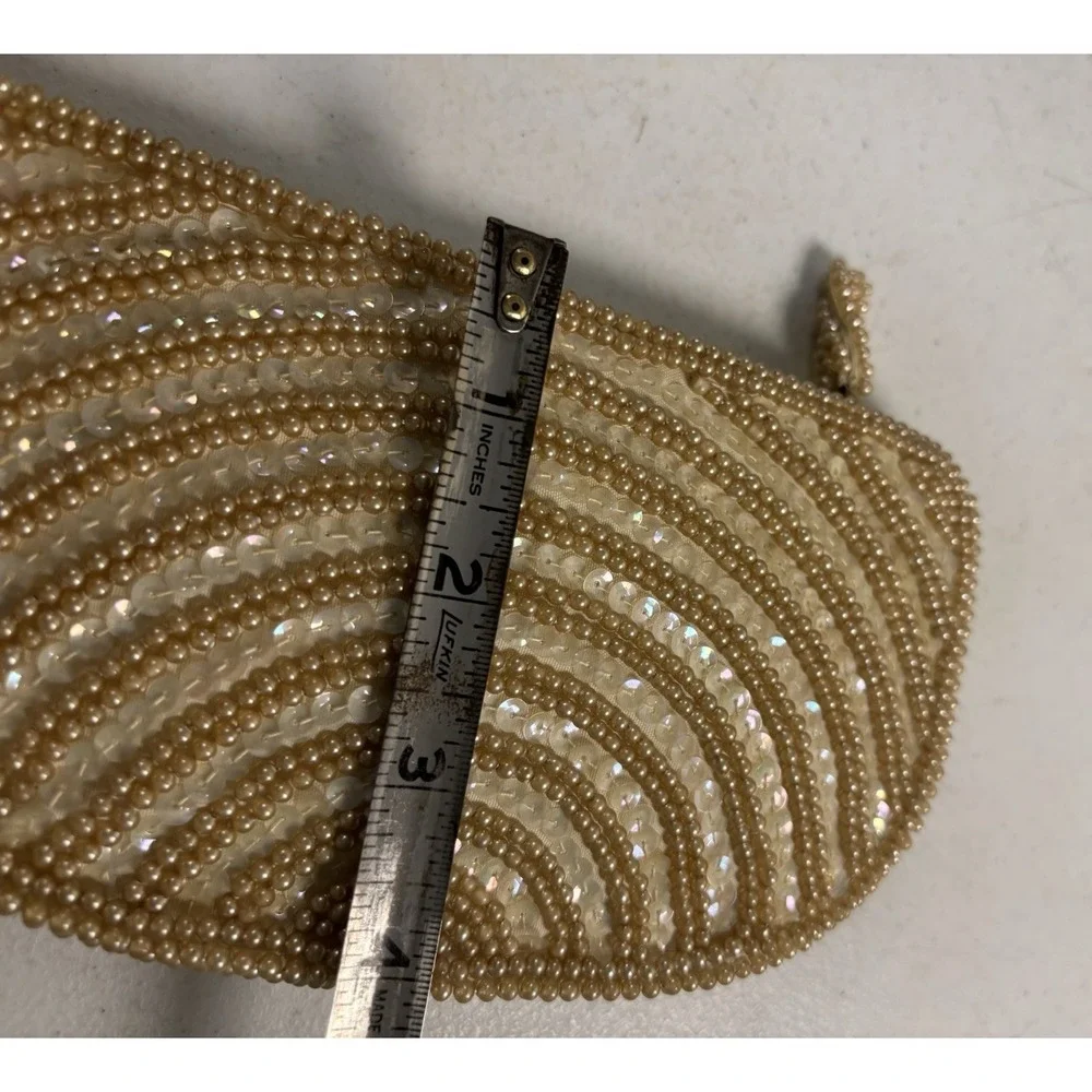 David's Import Clutch Purse Bag Cream Sequin Bead Zip Phone Size‎ Japan Nice Vtg